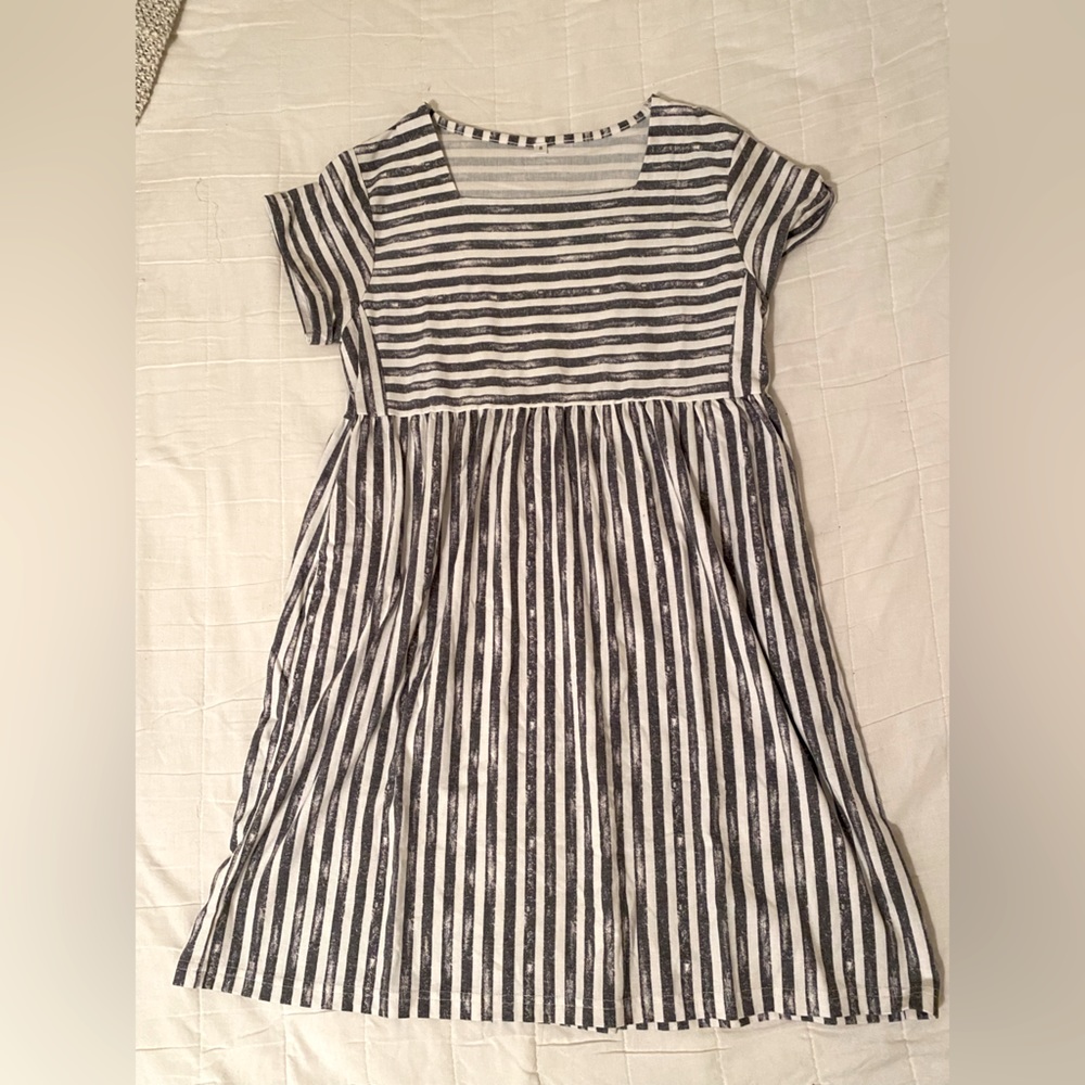 Striped grey and white dress.
